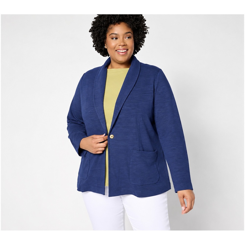 Denim & Co. Textured Cotton Button Front Blazer with Pockets Navy, Size 3X